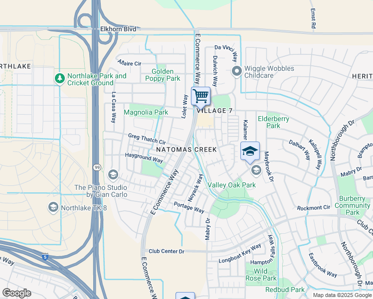 map of restaurants, bars, coffee shops, grocery stores, and more near E Commerce Way & Cliff House Way in Sacramento