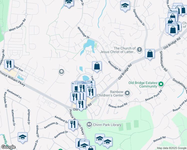 map of restaurants, bars, coffee shops, grocery stores, and more near 12734 Silvia Loop in Woodbridge