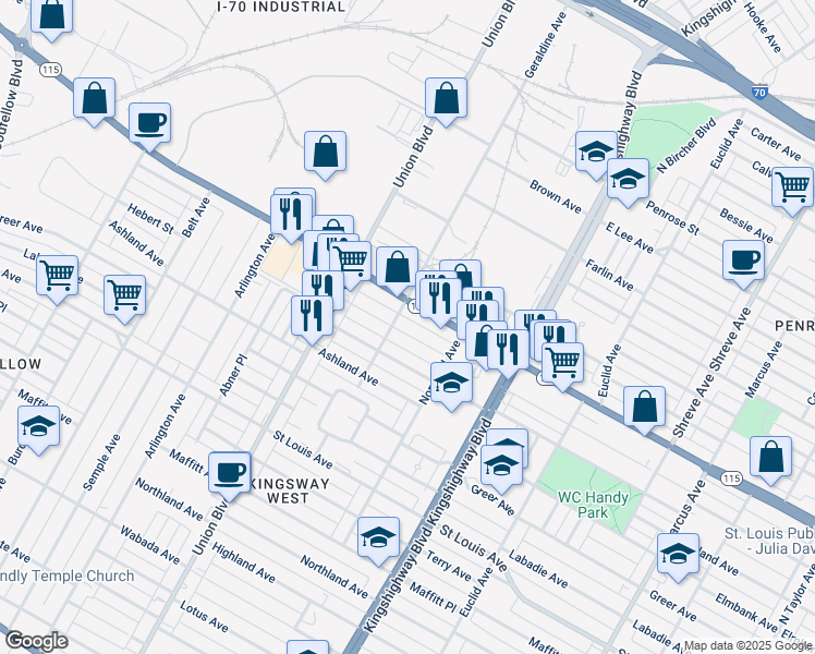 map of restaurants, bars, coffee shops, grocery stores, and more near 5167 Palm Street in St. Louis