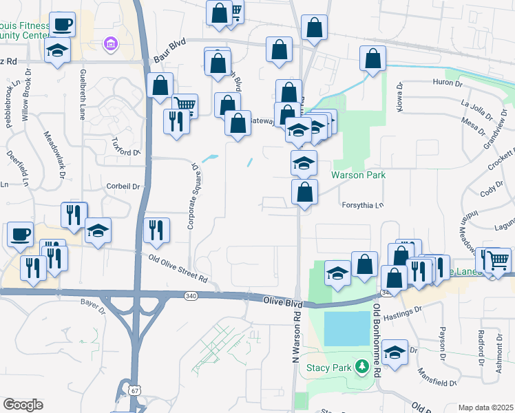 map of restaurants, bars, coffee shops, grocery stores, and more near 1000 Darwick Court in St. Louis