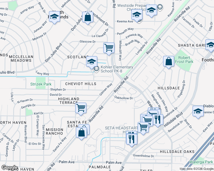map of restaurants, bars, coffee shops, grocery stores, and more near 6113 Gilman Way in North Highlands