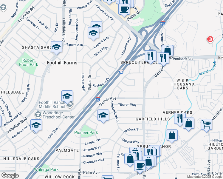 map of restaurants, bars, coffee shops, grocery stores, and more near 6117 Shenandoah Drive in Sacramento