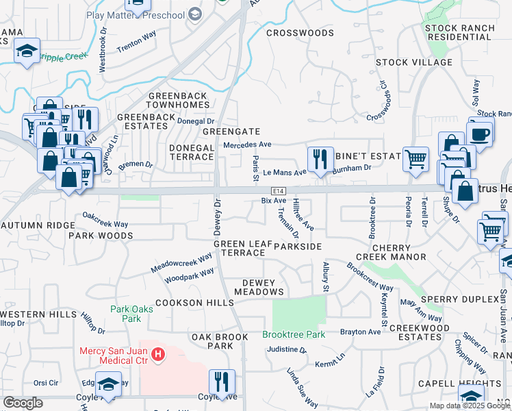 map of restaurants, bars, coffee shops, grocery stores, and more near 6716 Bix Avenue in Citrus Heights