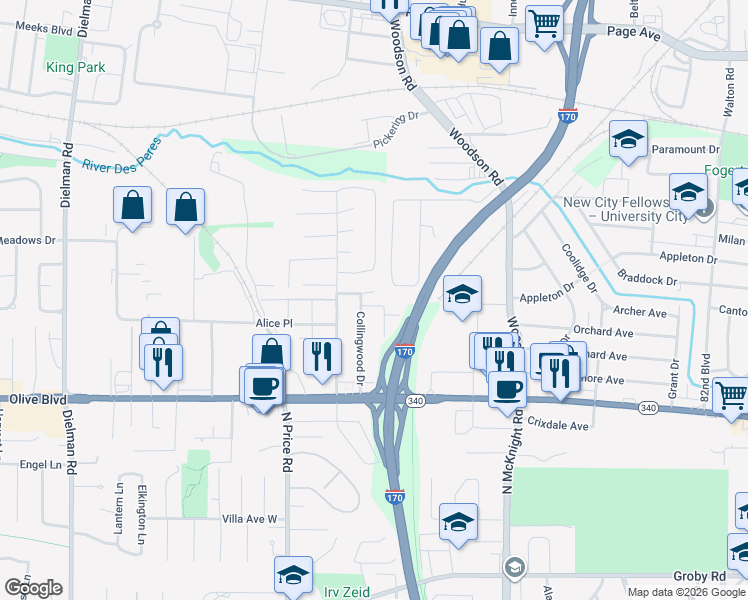map of restaurants, bars, coffee shops, grocery stores, and more near 8804 Chisholm Court in Saint Louis