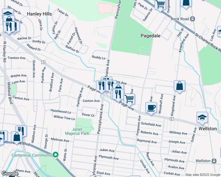 map of restaurants, bars, coffee shops, grocery stores, and more near 1325 Milford Avenue in Saint Louis