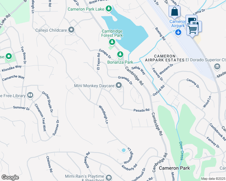 map of restaurants, bars, coffee shops, grocery stores, and more near 3306 Turner Circle in Cameron Park