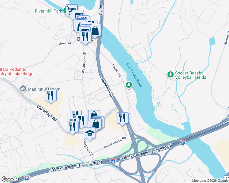 map of restaurants, bars, coffee shops, grocery stores, and more near 12703 Gordon Boulevard in Woodbridge