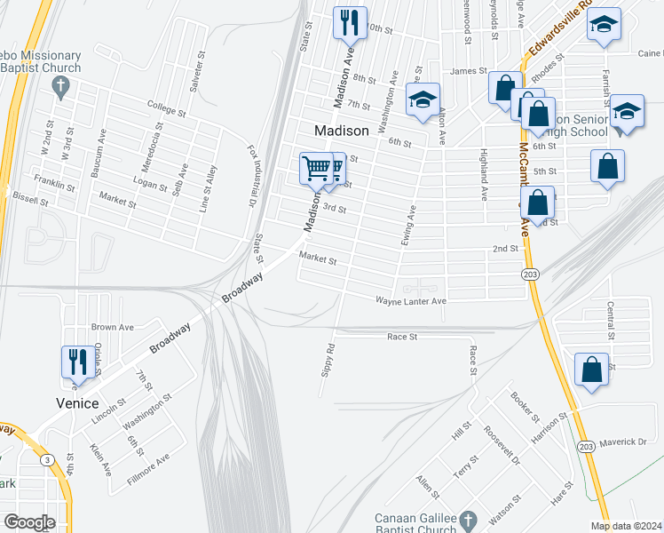 map of restaurants, bars, coffee shops, grocery stores, and more near 1538 Market Street in Madison