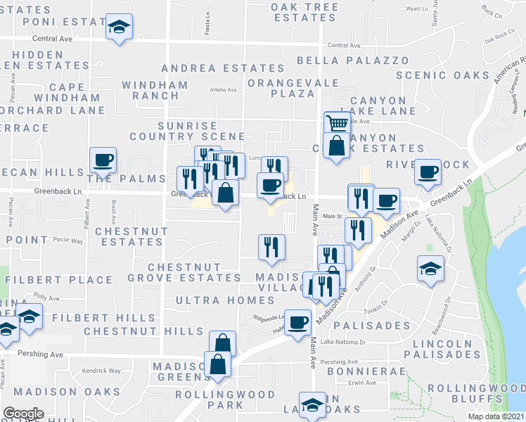 map of restaurants, bars, coffee shops, grocery stores, and more near 9338 Greenback Lane in Orangevale