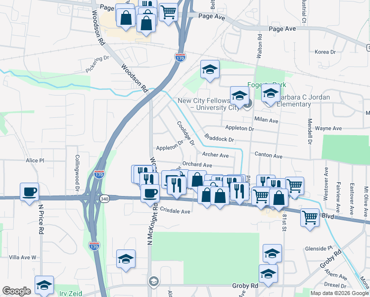 map of restaurants, bars, coffee shops, grocery stores, and more near 1318 Sheridan Dr in St Louis