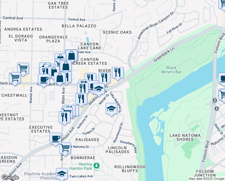 map of restaurants, bars, coffee shops, grocery stores, and more near 6003 Woodminster Circle in Orangevale