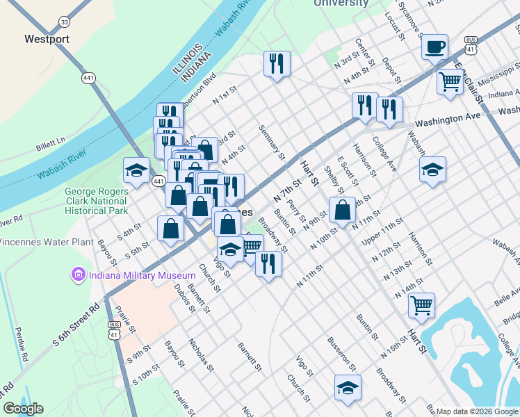 map of restaurants, bars, coffee shops, grocery stores, and more near 208 North 7th Street in Vincennes