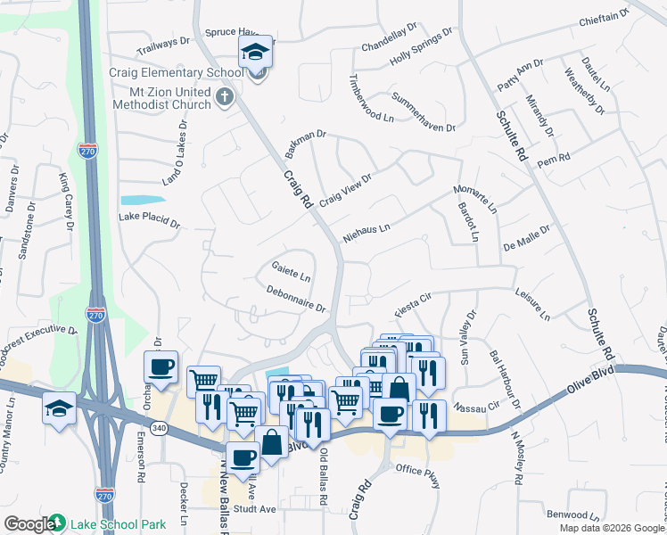 map of restaurants, bars, coffee shops, grocery stores, and more near 1243 Craig Road in St. Louis