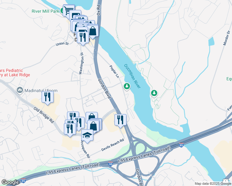 map of restaurants, bars, coffee shops, grocery stores, and more near 12707 Gordon Boulevard in Woodbridge
