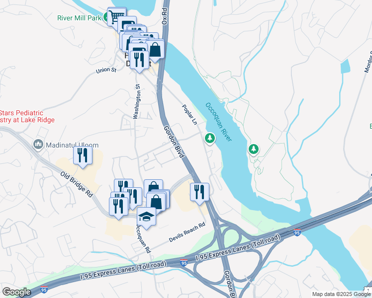 map of restaurants, bars, coffee shops, grocery stores, and more near 12703 Gordon Boulevard in Woodbridge
