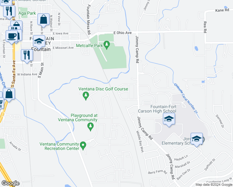 map of restaurants, bars, coffee shops, grocery stores, and more near 7359 Countryside Grove in Fountain