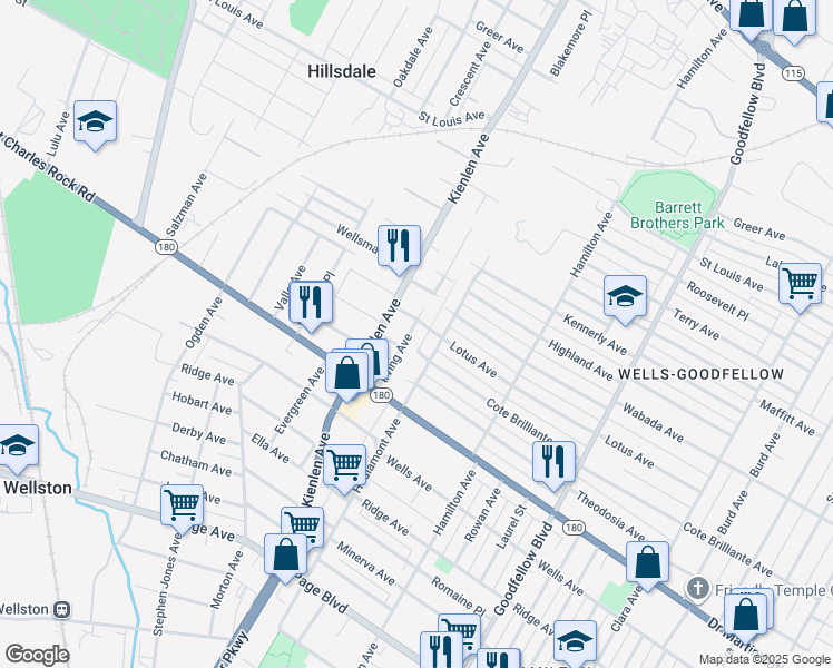 map of restaurants, bars, coffee shops, grocery stores, and more near 1566 Irving Avenue in St. Louis