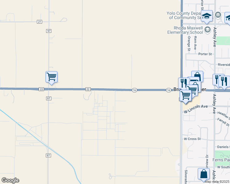 map of restaurants, bars, coffee shops, grocery stores, and more near 37437 Highway 16 in Woodland