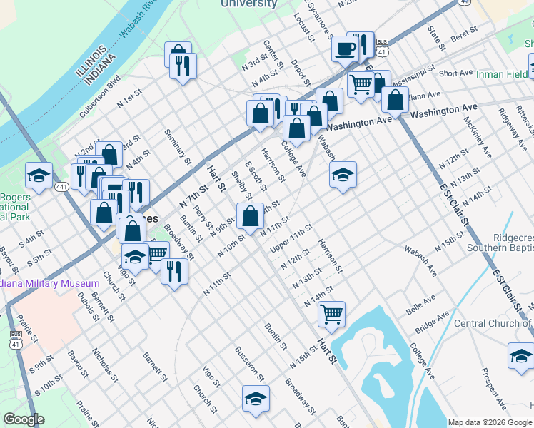 map of restaurants, bars, coffee shops, grocery stores, and more near 705 North 10th Street in Vincennes
