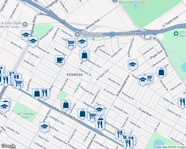 map of restaurants, bars, coffee shops, grocery stores, and more near 4601 Penrose Street in St. Louis