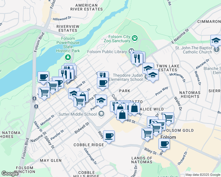 map of restaurants, bars, coffee shops, grocery stores, and more near 317 Natoma Street in Folsom