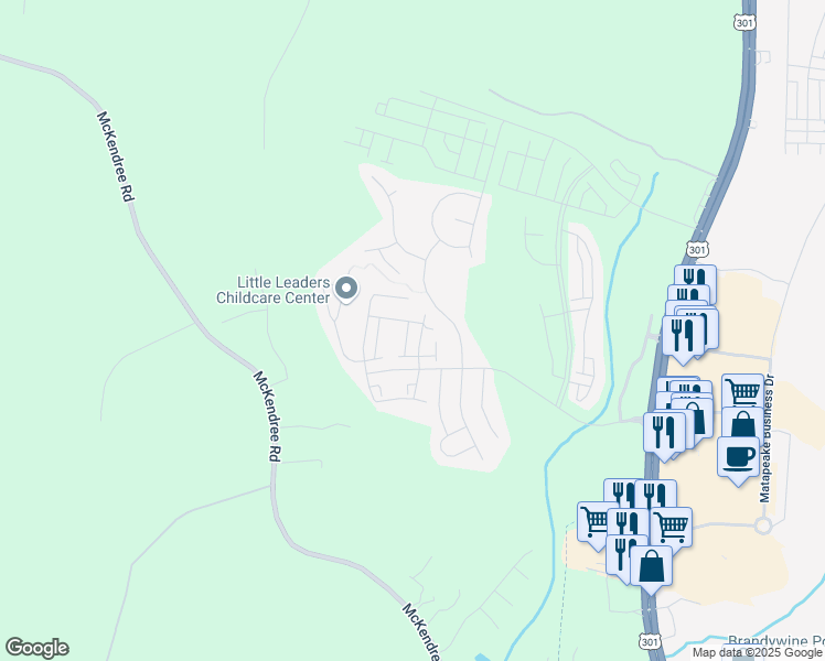 map of restaurants, bars, coffee shops, grocery stores, and more near 15407 Wylie Road in Brandywine