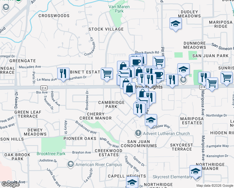 map of restaurants, bars, coffee shops, grocery stores, and more near 6121 Shupe Drive in Citrus Heights