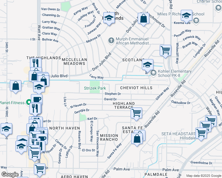 map of restaurants, bars, coffee shops, grocery stores, and more near 6108 Sunday Drive in North Highlands