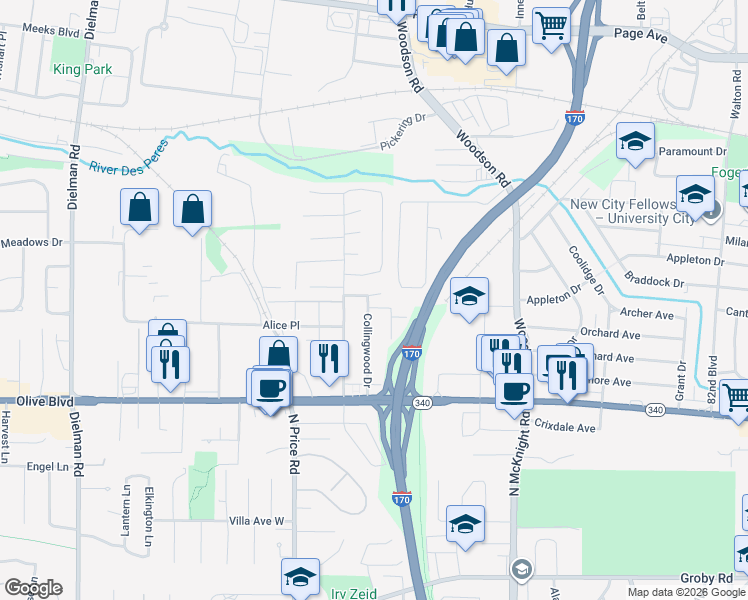 map of restaurants, bars, coffee shops, grocery stores, and more near 8804 Chisholm Court in St. Louis