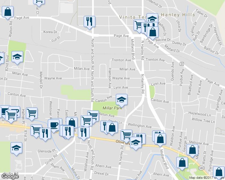 map of restaurants, bars, coffee shops, grocery stores, and more near 7542 Lynn Avenue in University City
