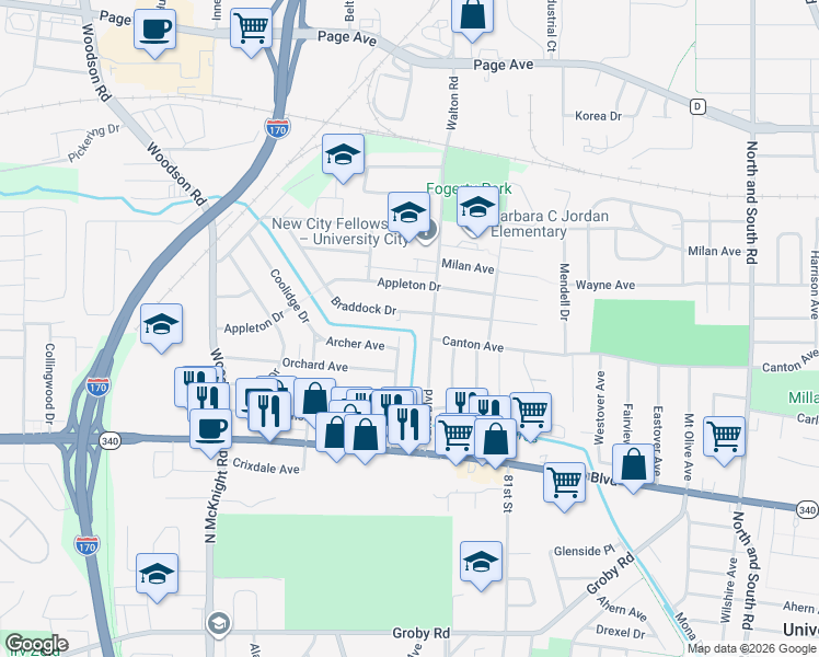 map of restaurants, bars, coffee shops, grocery stores, and more near 1344 Grant Drive in St. Louis