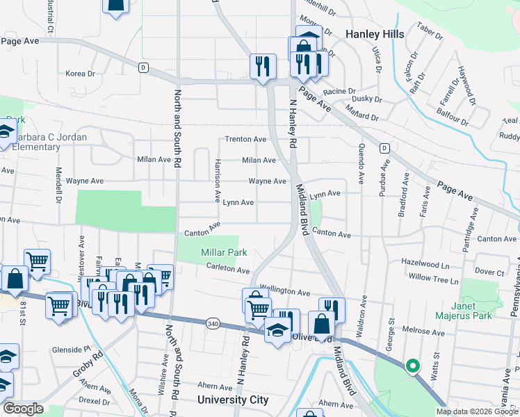 map of restaurants, bars, coffee shops, grocery stores, and more near 7514 Lynn Avenue in University City