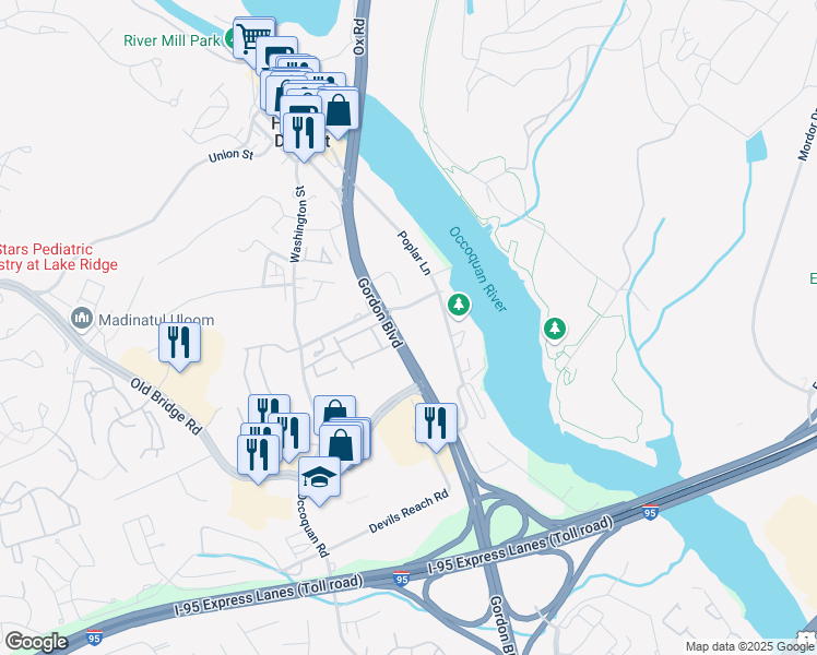 map of restaurants, bars, coffee shops, grocery stores, and more near 12703 Gordon Boulevard in Woodbridge