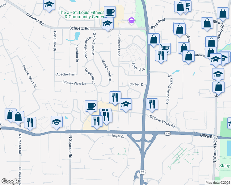 map of restaurants, bars, coffee shops, grocery stores, and more near 10415 Briarbend Drive in St. Louis