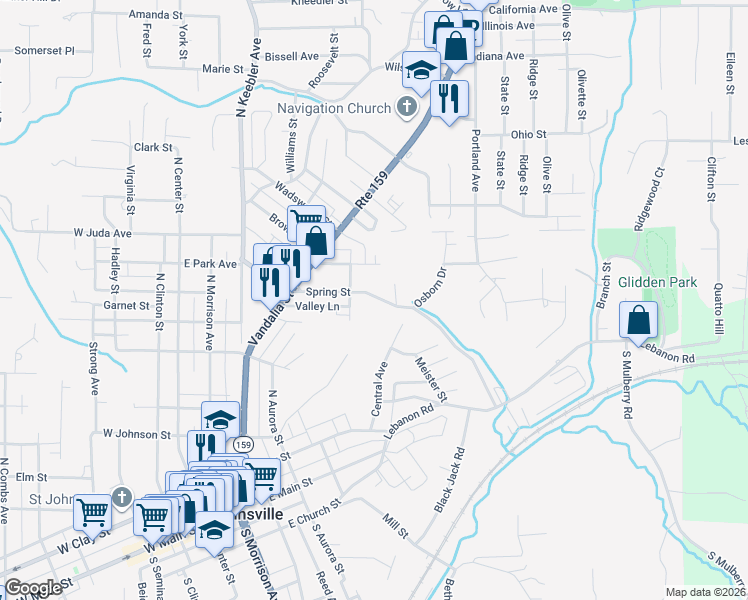map of restaurants, bars, coffee shops, grocery stores, and more near 512 Spring Street in Collinsville
