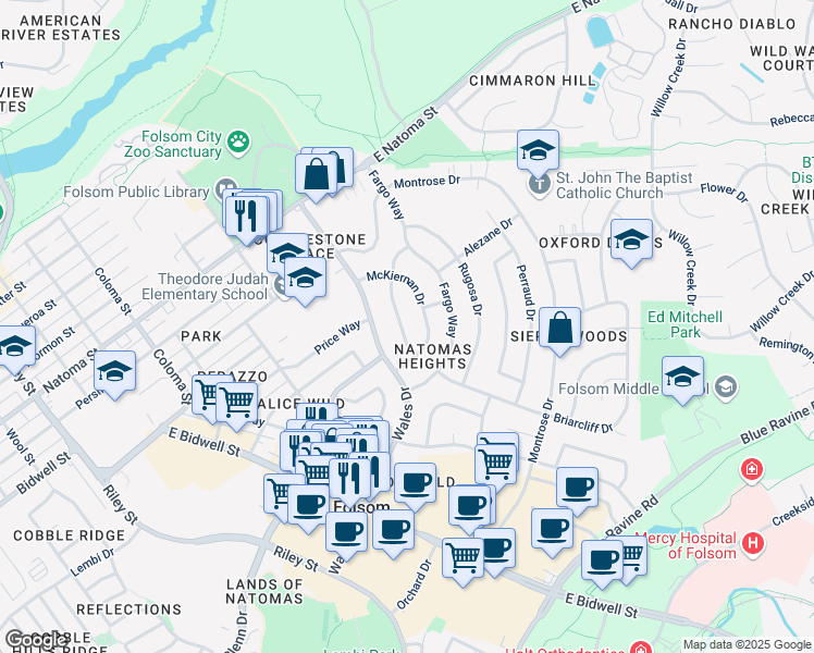 map of restaurants, bars, coffee shops, grocery stores, and more near 107 Henderson Way in Folsom