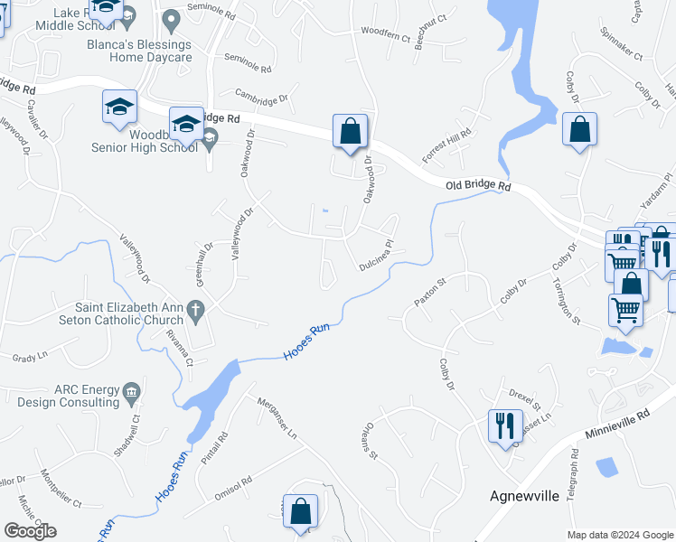 map of restaurants, bars, coffee shops, grocery stores, and more near 12673 Castile Court in Woodbridge