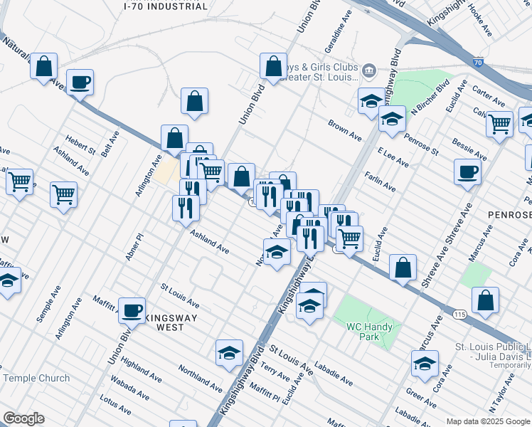 map of restaurants, bars, coffee shops, grocery stores, and more near 5124 Missouri 115 in St. Louis