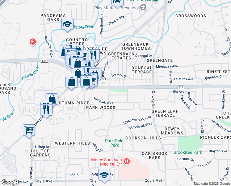 map of restaurants, bars, coffee shops, grocery stores, and more near 6413 Parkcrest Way in Citrus Heights