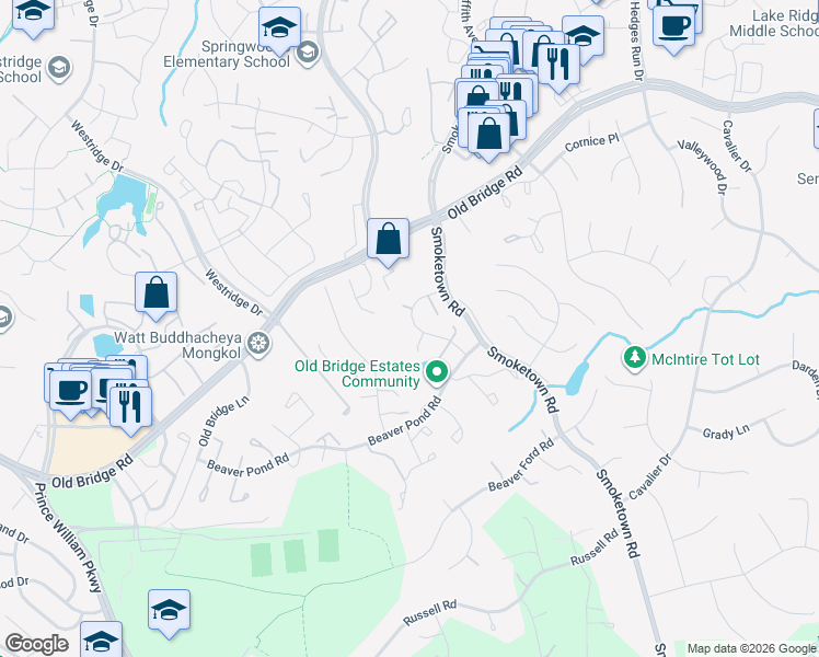 map of restaurants, bars, coffee shops, grocery stores, and more near 12672 Catawba Drive in Woodbridge