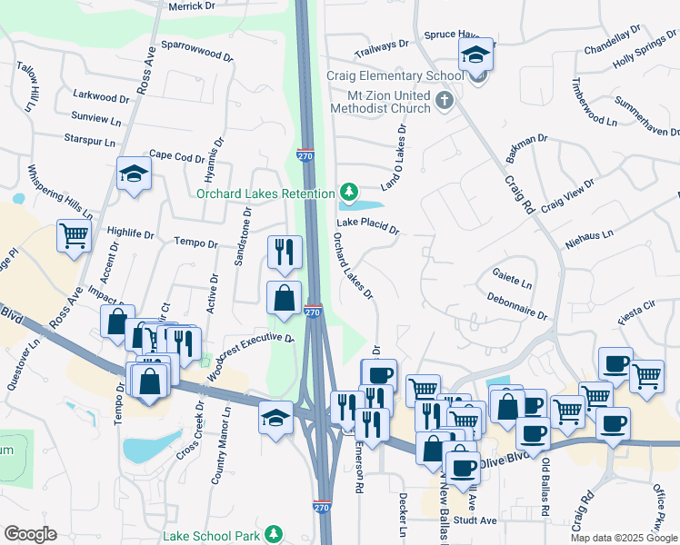 map of restaurants, bars, coffee shops, grocery stores, and more near 1033 Mackinac Drive in St. Louis