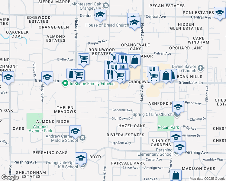 map of restaurants, bars, coffee shops, grocery stores, and more near 6120 Beech Avenue in Orangevale