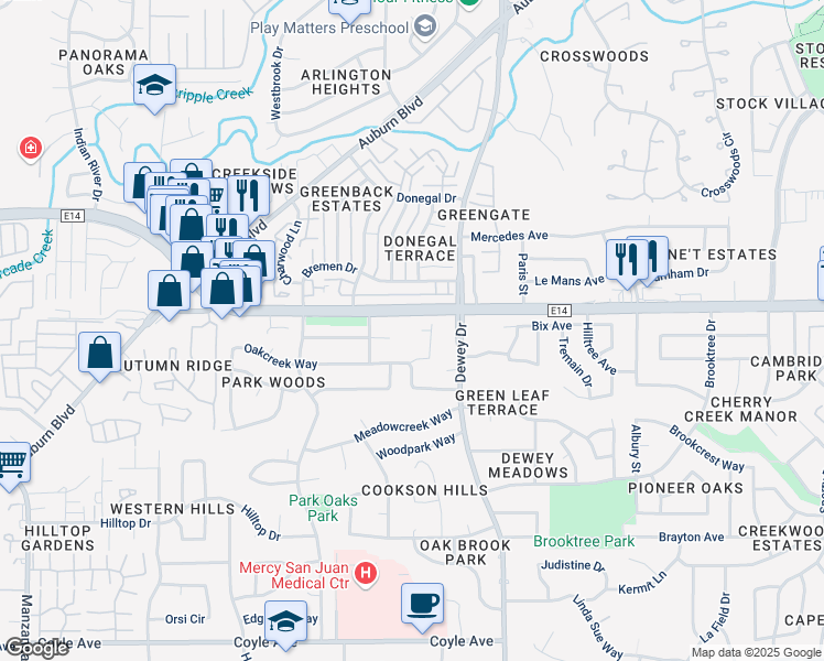 map of restaurants, bars, coffee shops, grocery stores, and more near 6550 Greenback Lane in Citrus Heights