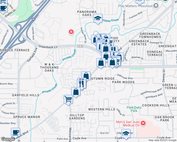map of restaurants, bars, coffee shops, grocery stores, and more near 6023 Auburn Boulevard in Citrus Heights