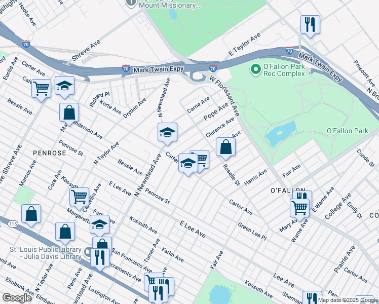 map of restaurants, bars, coffee shops, grocery stores, and more near 4440 Clarence Avenue in St. Louis