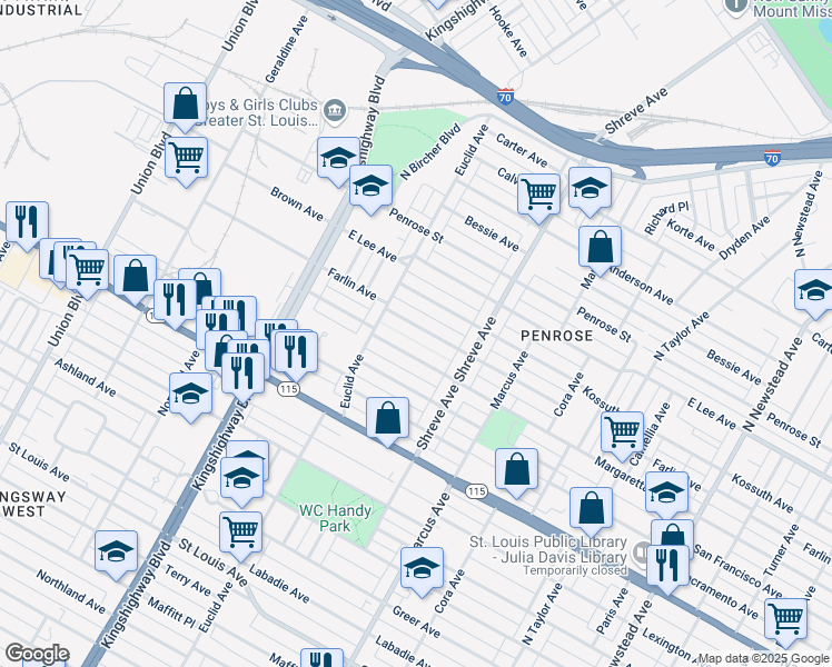 map of restaurants, bars, coffee shops, grocery stores, and more near 4868 Farlin Avenue in St. Louis