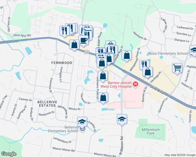 map of restaurants, bars, coffee shops, grocery stores, and more near 1003 Mariners Point Drive in Creve Coeur