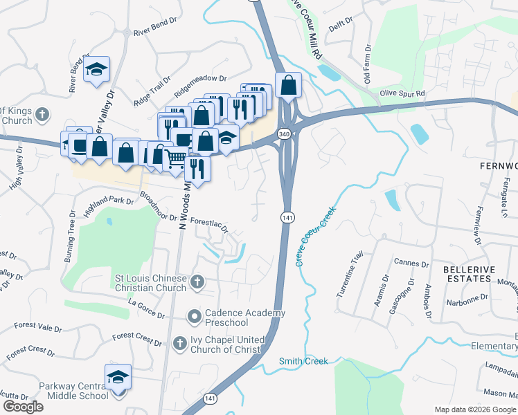 map of restaurants, bars, coffee shops, grocery stores, and more near 13300 Wood Chapel Drive in St. Louis