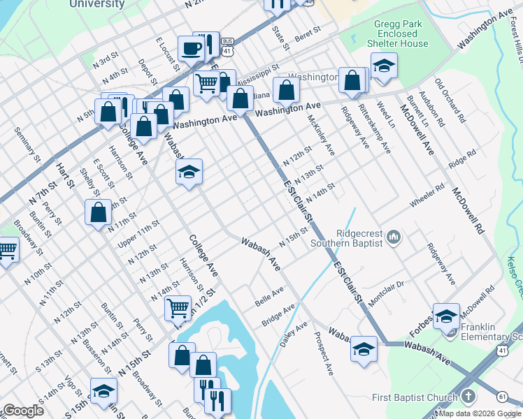 map of restaurants, bars, coffee shops, grocery stores, and more near 1301 East Locust Street in Vincennes