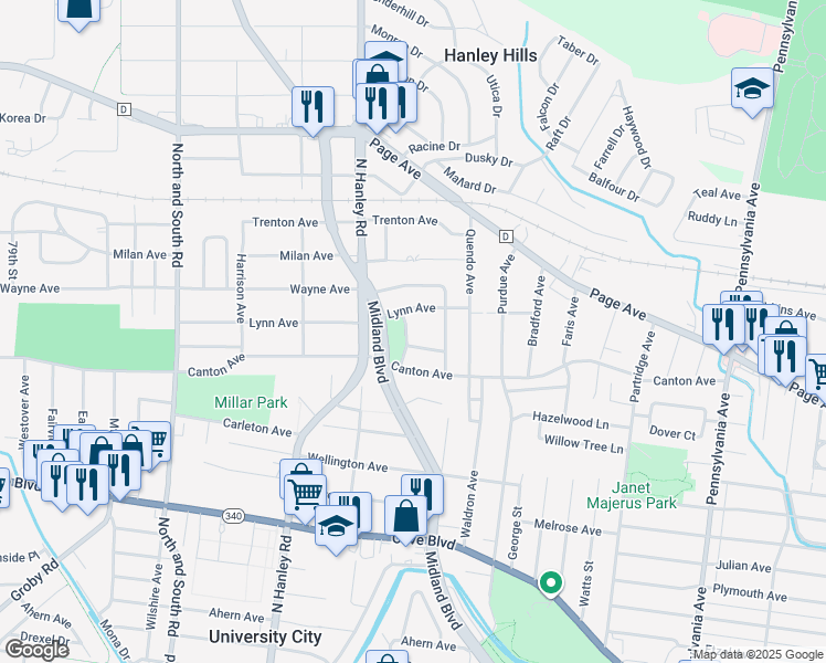 map of restaurants, bars, coffee shops, grocery stores, and more near 1534 Rabe Drive in University City